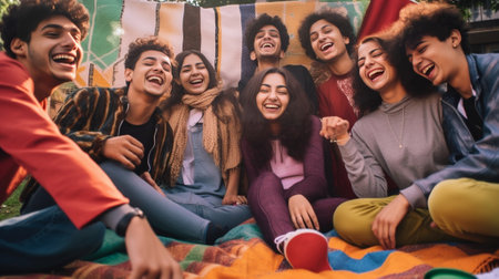 Creative work space Top view of four cheerful young people working together and looking up while sitting at the colorful bean bags : Generative AIの素材