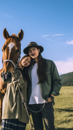 Couple on ranch Happy young loving couple standing close to each other and smiling while standing on ranch with horse walking in the background : Generative AIの素材