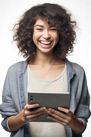 Copy space on her tablet Beautiful young woman holding digital tablet and looking at camera with smile while standing against grey background : Generative AIの素材