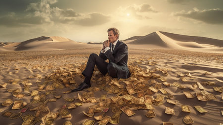 Depressed and confused businessman Frustrated young businessman holding head in hands while sitting on the top of sand dune : Generative AIの素材