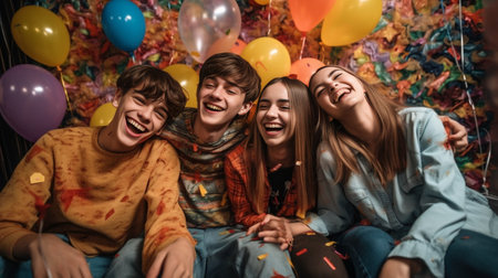 Creative work space Top view of four cheerful young people working together and looking up while sitting at the colorful bean bags : Generative AIの素材