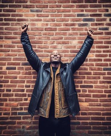 Feeling casual Handsome young African man in casual clothes standing in front of the brick wall and holding hands behind head : Generative AIの素材