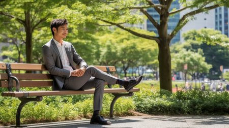 Enjoying green spaces in his city Top view of happy young businessman keeping eyes closed and holding hands behind head while sitting on the bench outdoors : Generative AIの素材