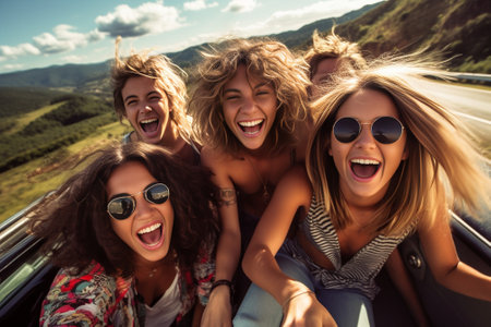 Enjoying road trip together Four beautiful young cheerful women looking happy and playful while sitting in car : Generative AIの素材