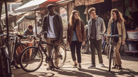 Friends will be friends Low angle view of cheerful young people talking while standing near their bicycles on the road : Generative AIの素材