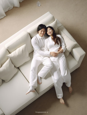 Enjoying time together Top view of beautiful young loving couple bonding to each other while sitting in a big cozy chair at home together : Generative AIの素材