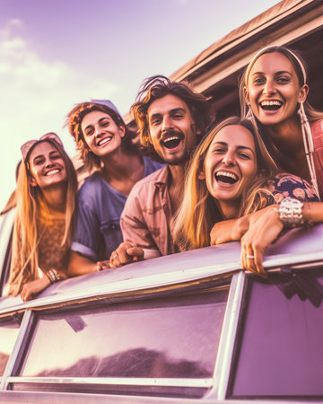 Friends forever Group of young cheerful people standing near their retro minivan and smiling : Generative AIの素材