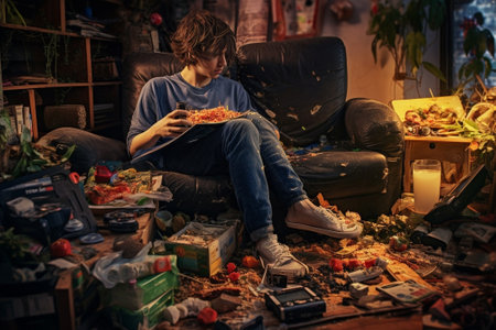 Exhausted gamer Frustrated young man holding joystick while sitting on the floor in messy room after party : Generative AIの素材
