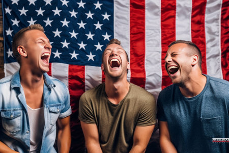 Happy young men covered in international flags drinking beer and bonding together while sitting in the pub : Generative AIの素材