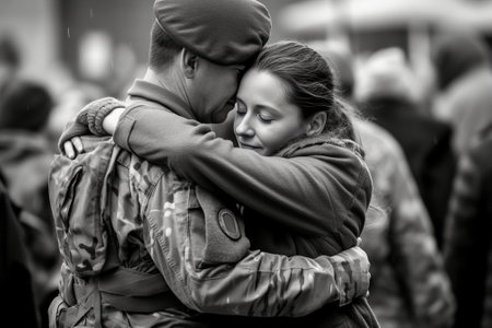 Happy woman hugging her husband after his returning home from the army : Generative AIの素材