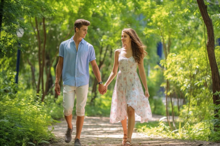 Follow me Playful young loving couple walking in park and holding hands : Generative AIの素材