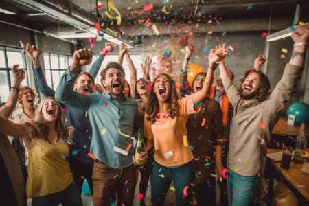 Happy Birthday Full length of happy young man celebrating birthday among friends while standing in room with confetti on the floor : Generative AIの素材