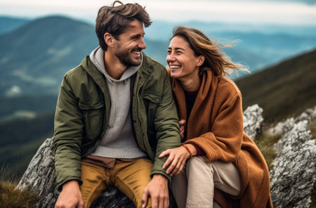 Finally enjoying the travel Beautiful young couple sitting on the rocks and talking while hiking together in the woods : Generative AIの素材