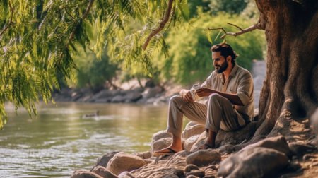 Feeling lonely and depressed Side view of depressed young man touching head with hand and looking down while sitting at the riverbank : Generative AIの素材
