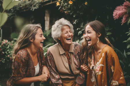 Female part of family Three generations of family women bonding to each other and smiling while standing in front of their house : Generative AIの素材