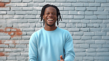 Cool selfie Handsome young African man in casual clothes standing in front of the brick wall and making selfie by his smart phone : Generative AIの素材