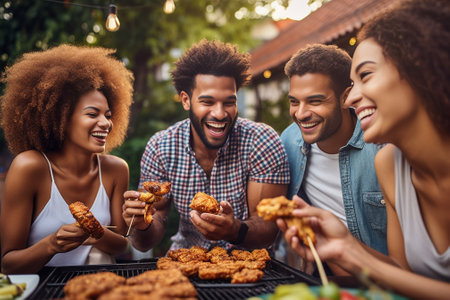 Happy time together Group of joyful young people holding plates while man putting them food from barbecue : Generative AIの素材
