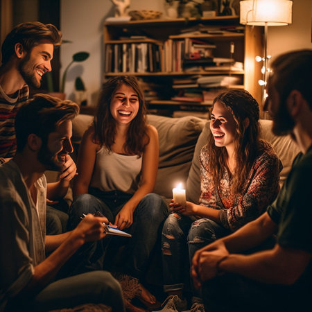 Great party Group of young people in casual wear communicating and smiling while having a dinner party indoors : Generative AIの素材