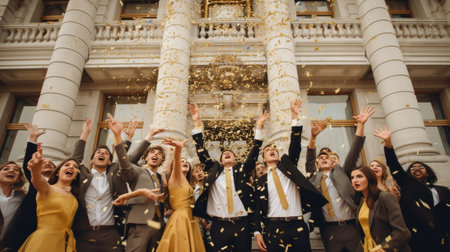 Group of beautiful people in formalwear having fun together with confetti flying all around : Generative AIの素材