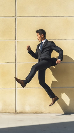 Flying to a new goal Full length of handsome young man in formalwear jumping in front of the concrete wall outdoors : Generative AIの素材