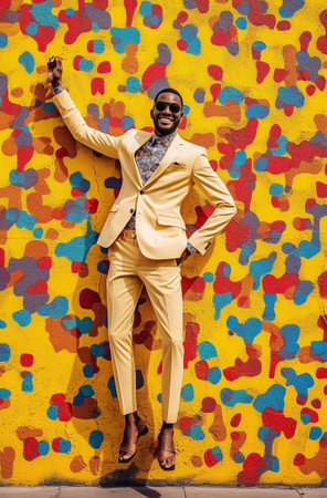Full length of happy African man pointing camera while standing against colorful background : Generative AIの素材