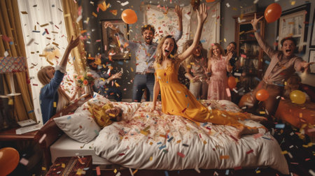 Going crazy Full length of happy young people dancing while spending time at home with confetti flying everywhere : Generative AIの素材