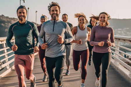 Group of people in sports clothing jogging while exercising on the steps outdoors : Generative AIの素材