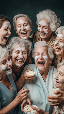 Group of happy mature women examining beauty products during specialized conference : Generative AIの素材