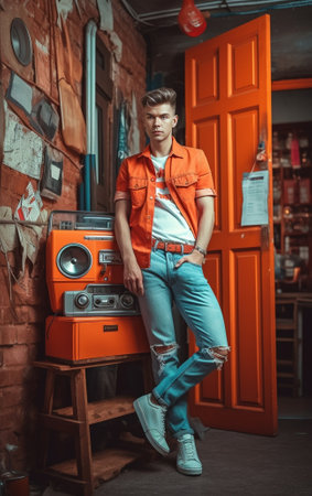 Everything should be perfect Full length of handsome young man adjusting his jeans while standing against the wooden wall : Generative AIの素材