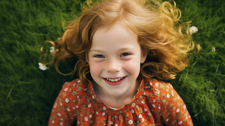 Enjoying warm summer day Cute little girl looking at camera and smiling while lying on the green grass : Generative AIの素材