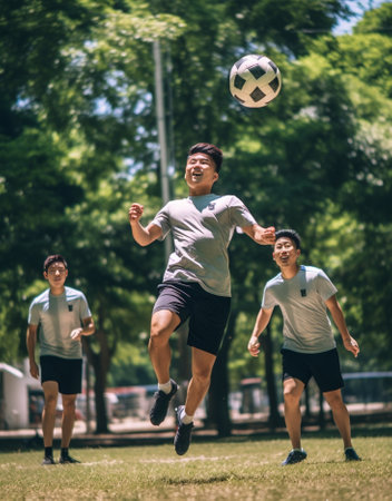 Feeling free with friends Full length of young smiling people in casual wear running while playing soccer outdoors : Generative AIの素材