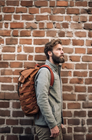 Cool and trendy Confident young bearded man holding hand behind head and looking away while standing against brick wall : Generative AIの素材