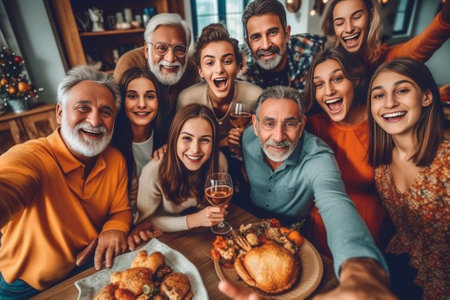 Happy multigeneration family toasting and smiling while having dinner together : Generative AIの素材
