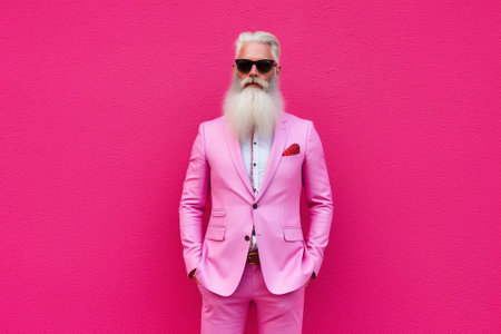 Fashionable mature man holding hands on hip while standing against pink background : Generative AIの素材