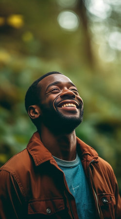 Happy African man holding hand on chin and smiling while standing against green background : Generative AIの素材