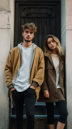 Enjoying autumn style Beautiful young couple bonding to each other and looking away while leaning at the grey wall with fallen leaves laying around them : Generative AIの素材