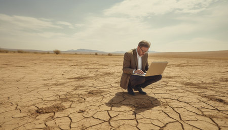 Great place to work Cheerful young man in formalwear working on laptop while sitting on sand in desert : Generative AIの素材