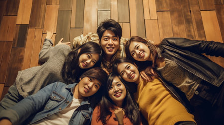 Happy family Top view of happy family of four bonding to each other heads and smiling while lying on the hardwood floor : Generative AIの素材