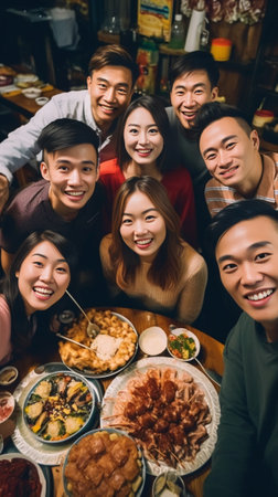Happy to be around Top view of young people in casual wear talking and smiling while having a dinner party in the restaurant : Generative AIの素材