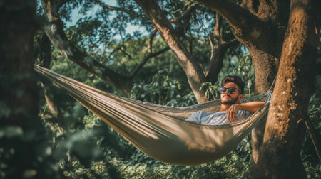 Free your mind Handsome young man lying in hammock while camping with his girlfriend : Generative AIの素材