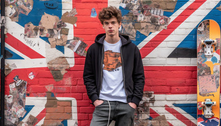 Full length of handsome young man in casual clothing carrying British flag : Generative AIの素材