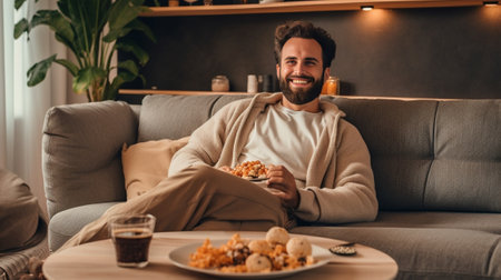 Happy young redhead man enjoying snacks while sitting on the couch at home : Generative AIの素材