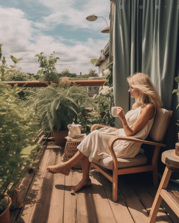 Enjoying carefree time Beautiful young woman relaxing in a big comfortable chair on her outdoor house terrace : Generative AIの素材