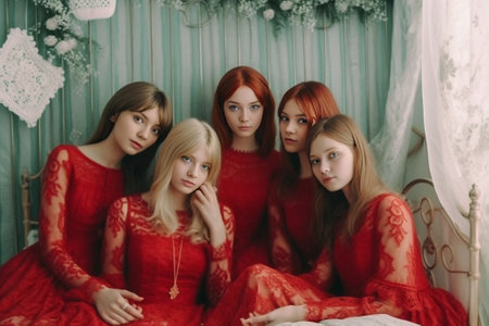Feeling uncertain Four beautiful young women in bunny ears looking away while lying on the bed : Generative AIの素材