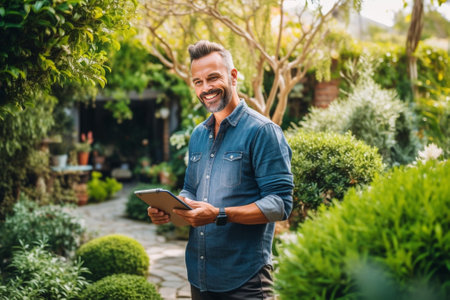 Gardening Handsome mature man working in a garden and smiling : Generative AIの素材