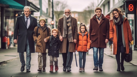 Happy multigeneration family holding hands while walking outdoors together : Generative AIの素材