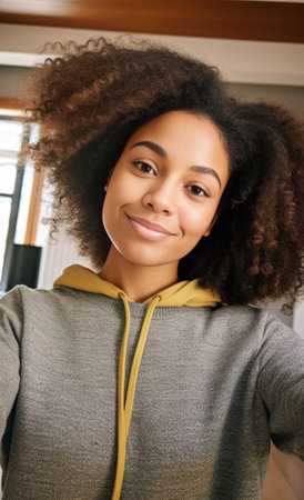 Happy young woman in casual clothing taking selfie and making a face : Generative AIの素材