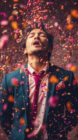 Happy Indian man blowing colorful confetti while standing against pink background : Generative AIの素材