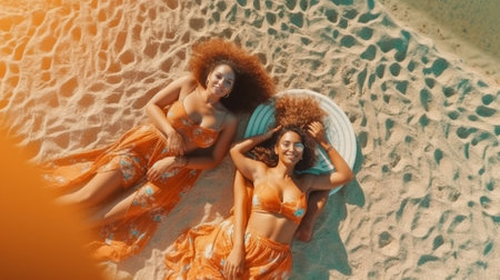 Great tan Top view of attractive young women smiling and sunbathing while resting in outdoor chairs on the beach : Generative AIの素材