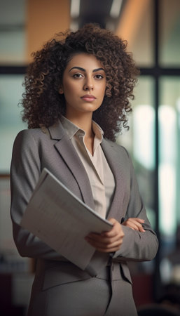 Discussing contract Low angle view of confident young businesswoman in suit talking on the mobile phone and holding document : Generative AIの素材